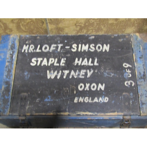 2147 - Two vintage timber travelling trunks with steel fittings, three vintage suitcases, together with a v... 