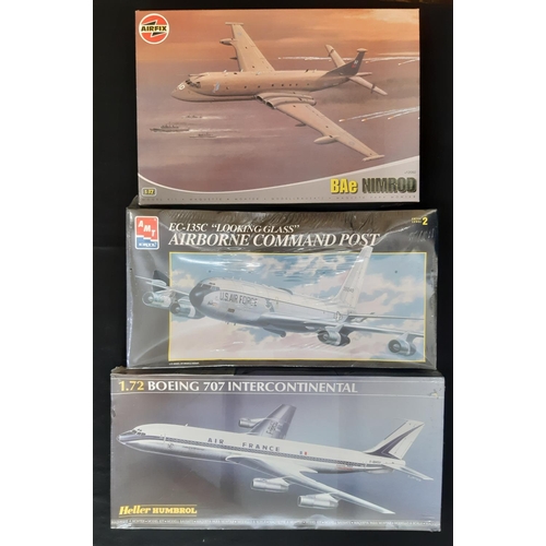 3 model kits of large aircraft, all 1:72 scale including Boeing 707 Intercontinental by Heller, BAe Nimrod by Airfix and EC-135C Airborne Command Post by ERTL. All sealed and un-started (3)
