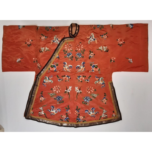 542 - Early 20th century Chinese robe with floral and moth motifs worked in satin and 'Forbidden Stitch'/ ... 