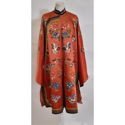 542 - Early 20th century Chinese robe with floral and moth motifs worked in satin and 'Forbidden Stitch'/ ... 