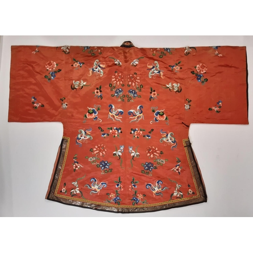 542 - Early 20th century Chinese robe with floral and moth motifs worked in satin and 'Forbidden Stitch'/ ... 