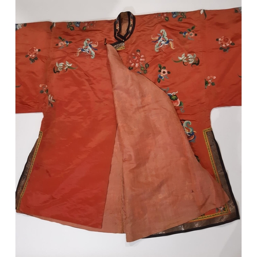 542 - Early 20th century Chinese robe with floral and moth motifs worked in satin and 'Forbidden Stitch'/ ... 