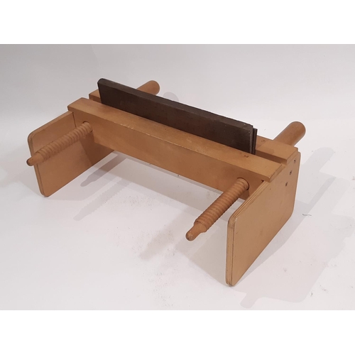 257 - Traditional wooden book binding equipment including book press, stitching frame, rounding blocks, fi... 