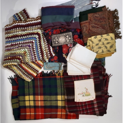 549 - Vintage textiles including 2 tartan travel rugs, a hand crochet blanket, silk scarves, woollen shawl... 