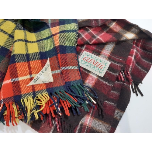 549 - Vintage textiles including 2 tartan travel rugs, a hand crochet blanket, silk scarves, woollen shawl... 