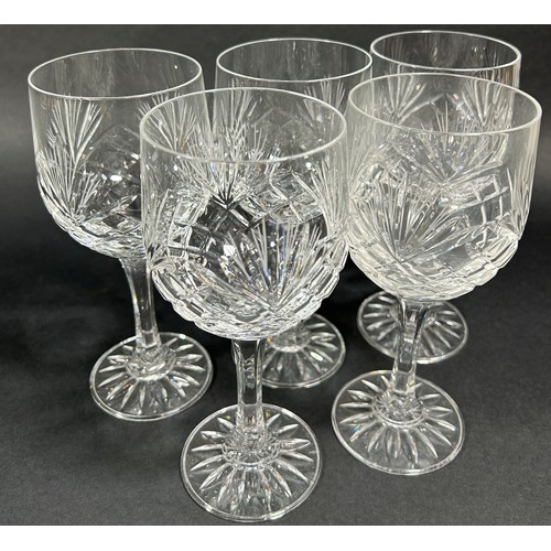 1238 - Six slender cut glass champagne flutes, six similar wine glasses, other various matching wines, etc