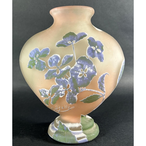 1205 - An Art Nouveau Galle Cameo vase with purple floral decoration, signed Galle, 21cm high