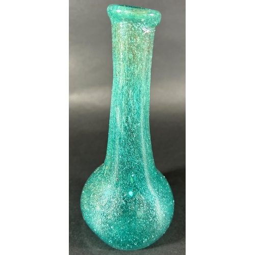 1209 - A small vintage blue bubble glass single stem vase with a narrow neck and bulbous body, 18cm high, t... 