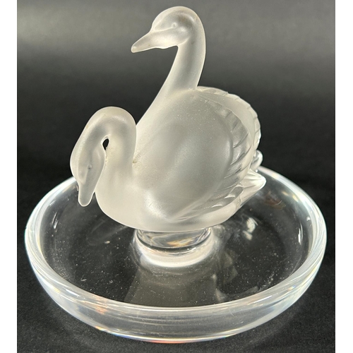 1216 - A Lalique Crystal double swan pin tray engraved Lalique France to base, 10cm diameter x 9.5cm high