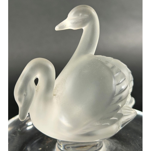 1216 - A Lalique Crystal double swan pin tray engraved Lalique France to base, 10cm diameter x 9.5cm high