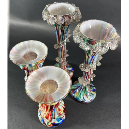 1222 - A pair of 1960s Murano splatter glass vase, (one chipped af) 13cm tall and a further slender stemmed... 