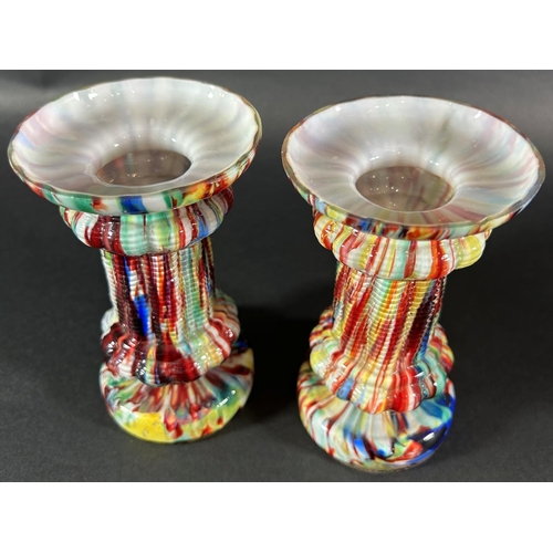 1222 - A pair of 1960s Murano splatter glass vase, (one chipped af) 13cm tall and a further slender stemmed... 