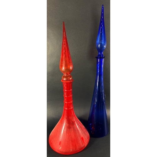 1228 - A tall Venetian red glass Genie vase, hollow  stopper, 57cm tall, similar blue Genie vase, a Murano ... 