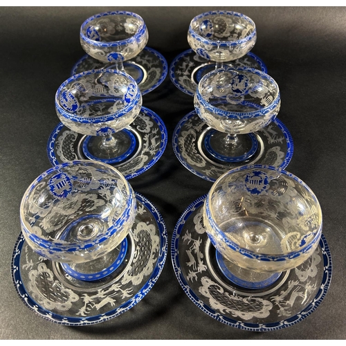 1230 - A set of six antique blue etched glass dessert bowls with saucers, with pavilion and deer decoration