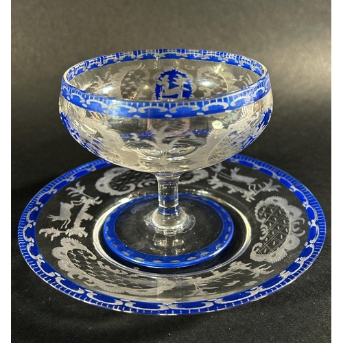 1230 - A set of six antique blue etched glass dessert bowls with saucers, with pavilion and deer decoration