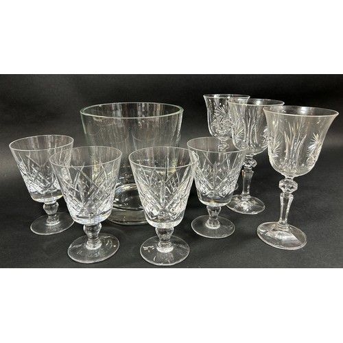 1238 - Six slender cut glass champagne flutes, six similar wine glasses, other various matching wines, etc