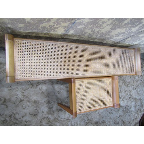 2350 - A pair of good quality maple window seats on square taper supports with cane panelled seat, 150 cm l... 