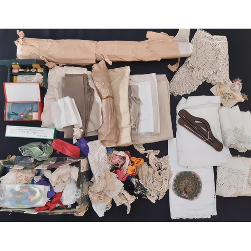 550 - Boxful of vintage haberdashery including unused and salvaged lace, lengths of broderie anglais, velv... 