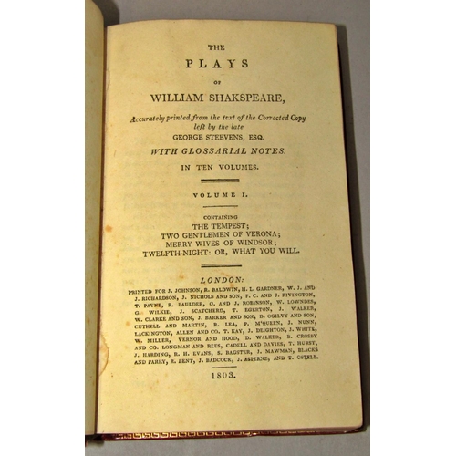 213 - The Plays of William Shakespeare, 10 volumes, red leather and gilt bindings, published 1803