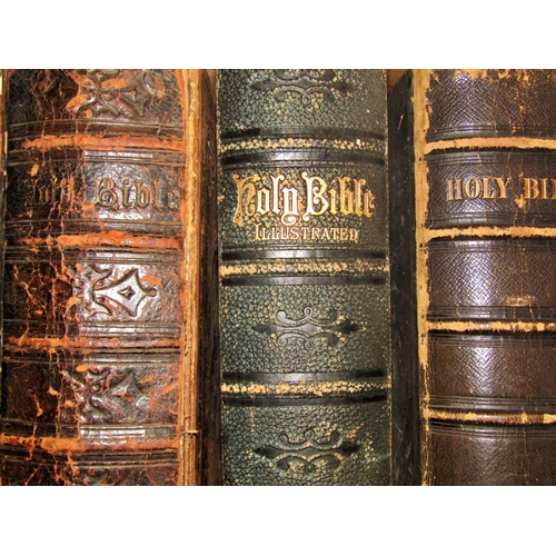 215 - Seven of Victorian family bibles, all with black bindings, some with clasps