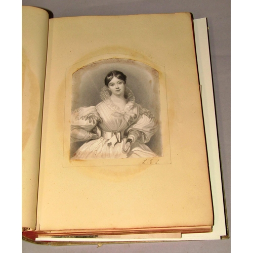 253 - A Victorian vellum bound scrapbook enclosing 19th century watercolour, pencil and steel engravings, ... 