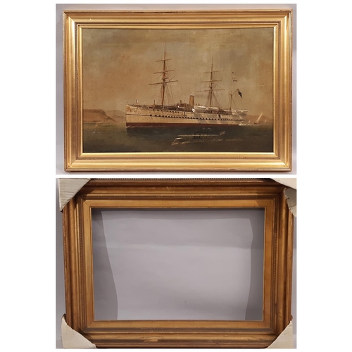 'R.I.M.S. 'Clive' Launched November...', oil on canvas depicting the HMS 'Clive' British Troopship, unsigned, indistinctly inscribed lower left, 40.6 x 61 cm, framed in 20th century gilt frame together with the original earlier gilt frame, dimensions 60.5 x 80.3 cm (2)