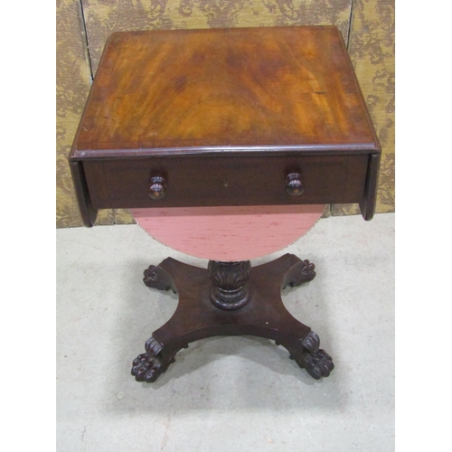 2389 - A Regency mahogany ladies work table with two drop leaves over a single frieze drawer and wool bag, ... 