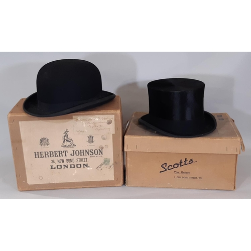 543 - Vintage top hat by Scott & Co, interior size 20.5 x 17.5cm, together with a 1950's bowler hat by Her... 