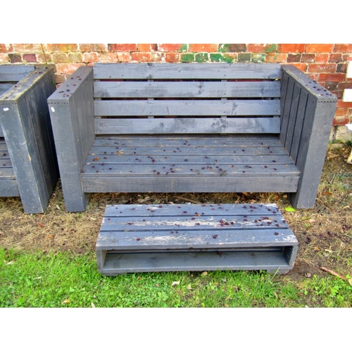 2033 - A painted and weathered three seat garden bench and matching low stool/table, bespoke made from gard... 