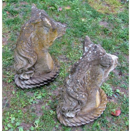 2067 - A pair of weathered cast composition stone pier cap finials in the form of horses heads, 49cm high (... 