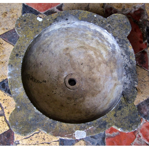 2068 - A weathered carved marble mortar, with later drainage hole, 44cm across x 18cm high (af)