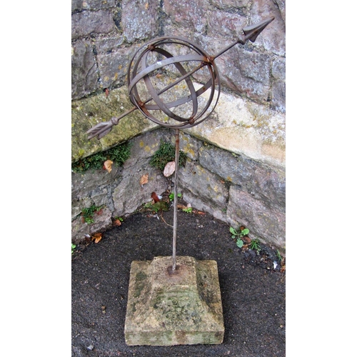 2069 - A painted and weathered light steel armillary sundial, set in a weathered stone base, 80cm high, the... 