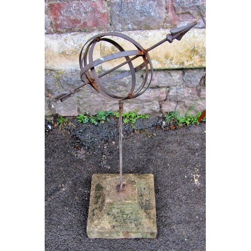 2069 - A painted and weathered light steel armillary sundial, set in a weathered stone base, 80cm high, the... 