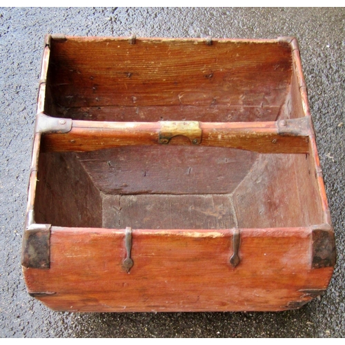 2098 - A vintage Asian stained pine and light steel overlaid basket with reinforced fittings and fixed hand... 