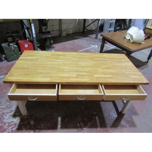 2462 - A contemporary pine kitchen/work table with three frieze drawers over painted supports and stretcher... 