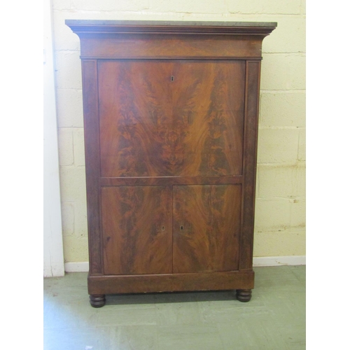 2482 - A 19th century grey marble-topped mahogany veneered pier cabinet with a single drawer over panelled ... 