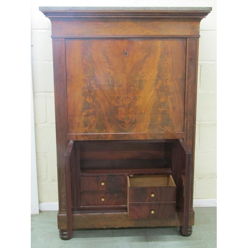 2482 - A 19th century grey marble-topped mahogany veneered pier cabinet with a single drawer over panelled ... 