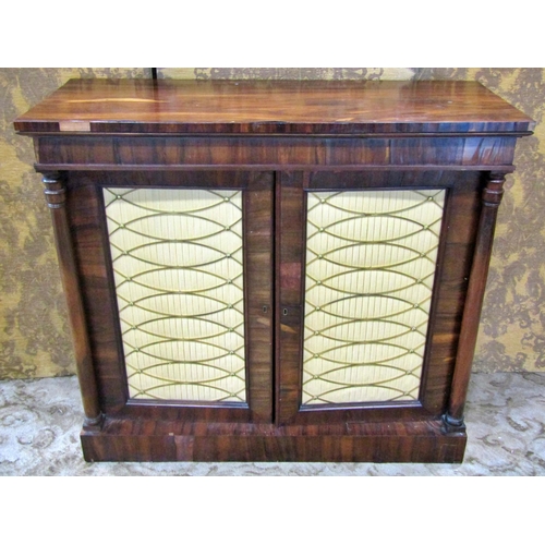 2291 - A Regency rosewood chiffonier, the doors with brass grills and pleated silks, set within column supp... 