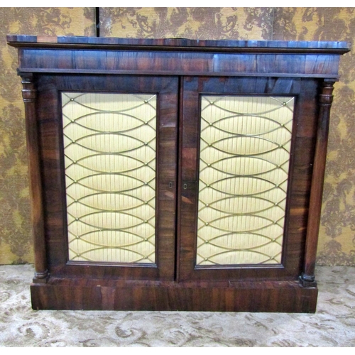 2291 - A Regency rosewood chiffonier, the doors with brass grills and pleated silks, set within column supp... 