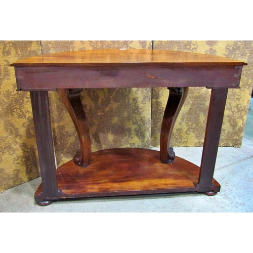 2326 - A Victorian mahogany demi-lune side table raised on lions paw supports, 120 cm wide