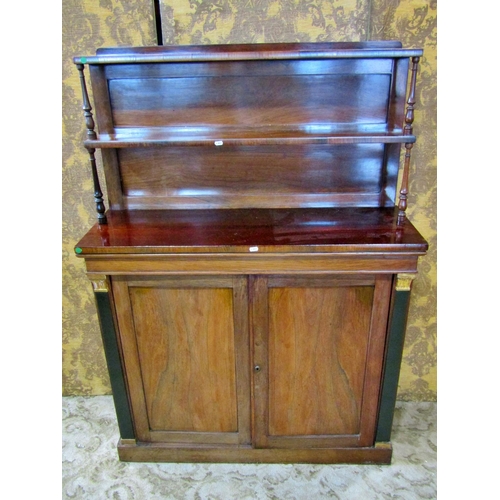 2328 - A Regency rosewood chiffonier enclosed by two panelled doors, raised back incorporating two shelves ... 