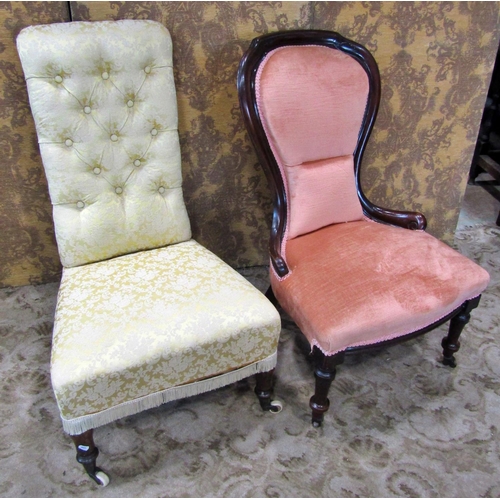 2341 - A Victorian drawing room chair with spoonback, upholstered finish, turned supports, one further chai... 