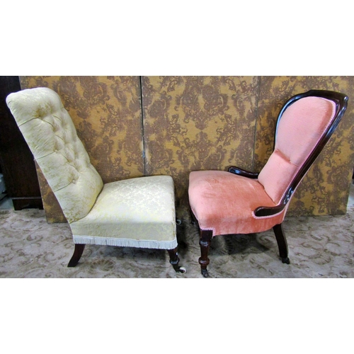 2341 - A Victorian drawing room chair with spoonback, upholstered finish, turned supports, one further chai... 