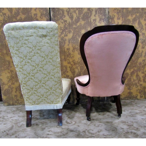 2341 - A Victorian drawing room chair with spoonback, upholstered finish, turned supports, one further chai... 