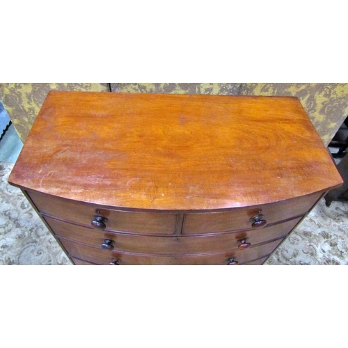 2264 - A Victorian mahogany bow fronted chest of three long and two short drawers on turned supports, 120 c... 