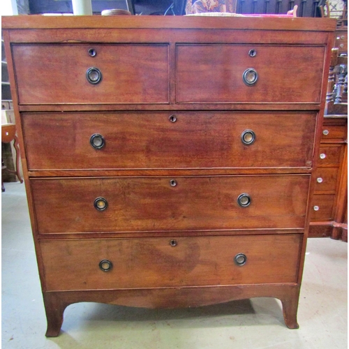 2289 - Mid-19th century mahogany chest of three long and two short drawers on swept supports, 102cm wide