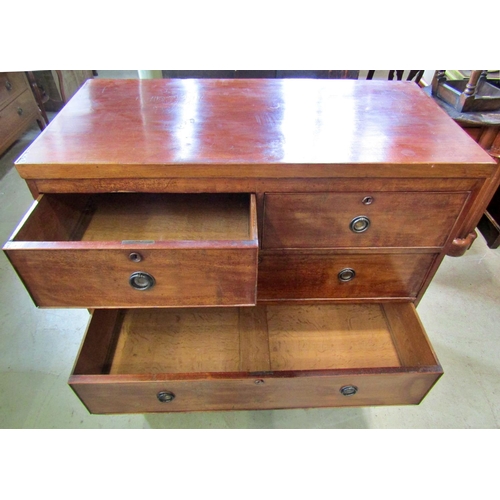 2289 - Mid-19th century mahogany chest of three long and two short drawers on swept supports, 102cm wide