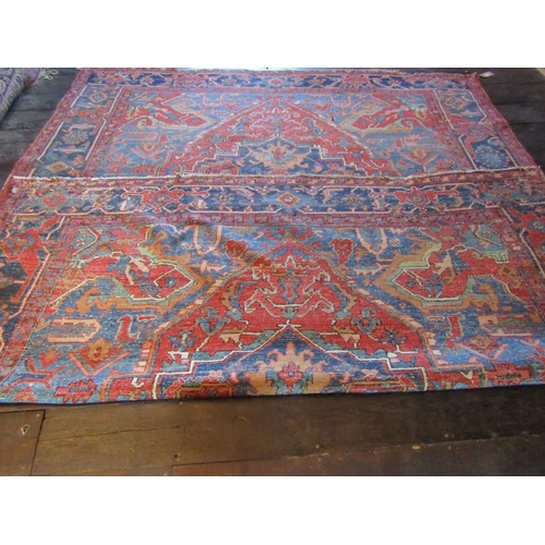 2734 - Good old Heriz wool carpet with lozenge shaped medallion, upon alternating blue and red ground panel... 