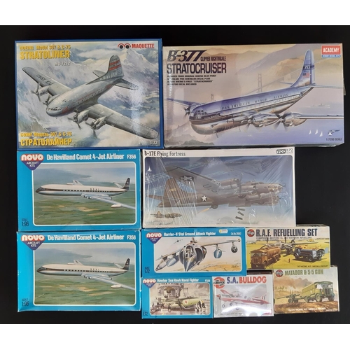 9 model aircraft  kits by Airfix, Academy, Maquette, Frog and Novo, 1:72 and 1:96 scale, together with a Airfix kit Matador and Gun (10)