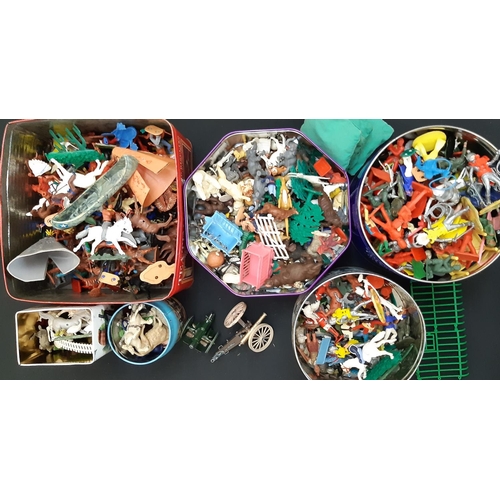 A large collection of vintage plastic model figures and accessories by Britains, Timpo, Crescent Toy Co and others, including Wild West, military, farm and zoo animals etc